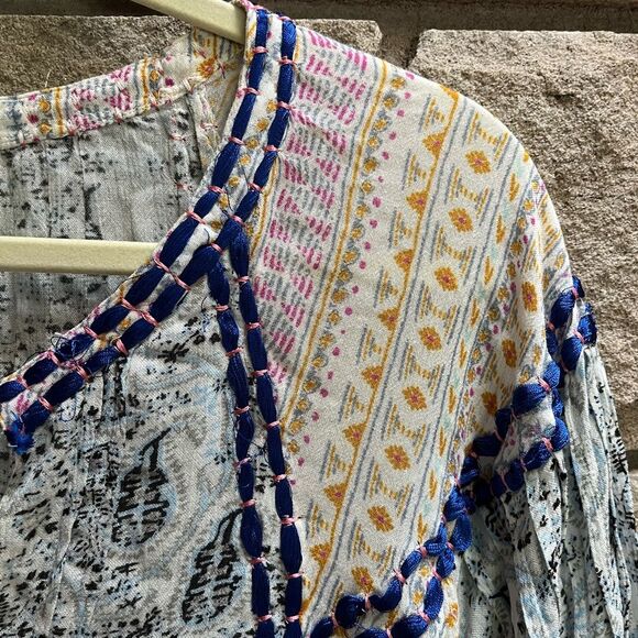 Sundance WANDRESS Pullover Peasant Boho Top Blouse White Blue Tassels Large - Picture 5 of 10
